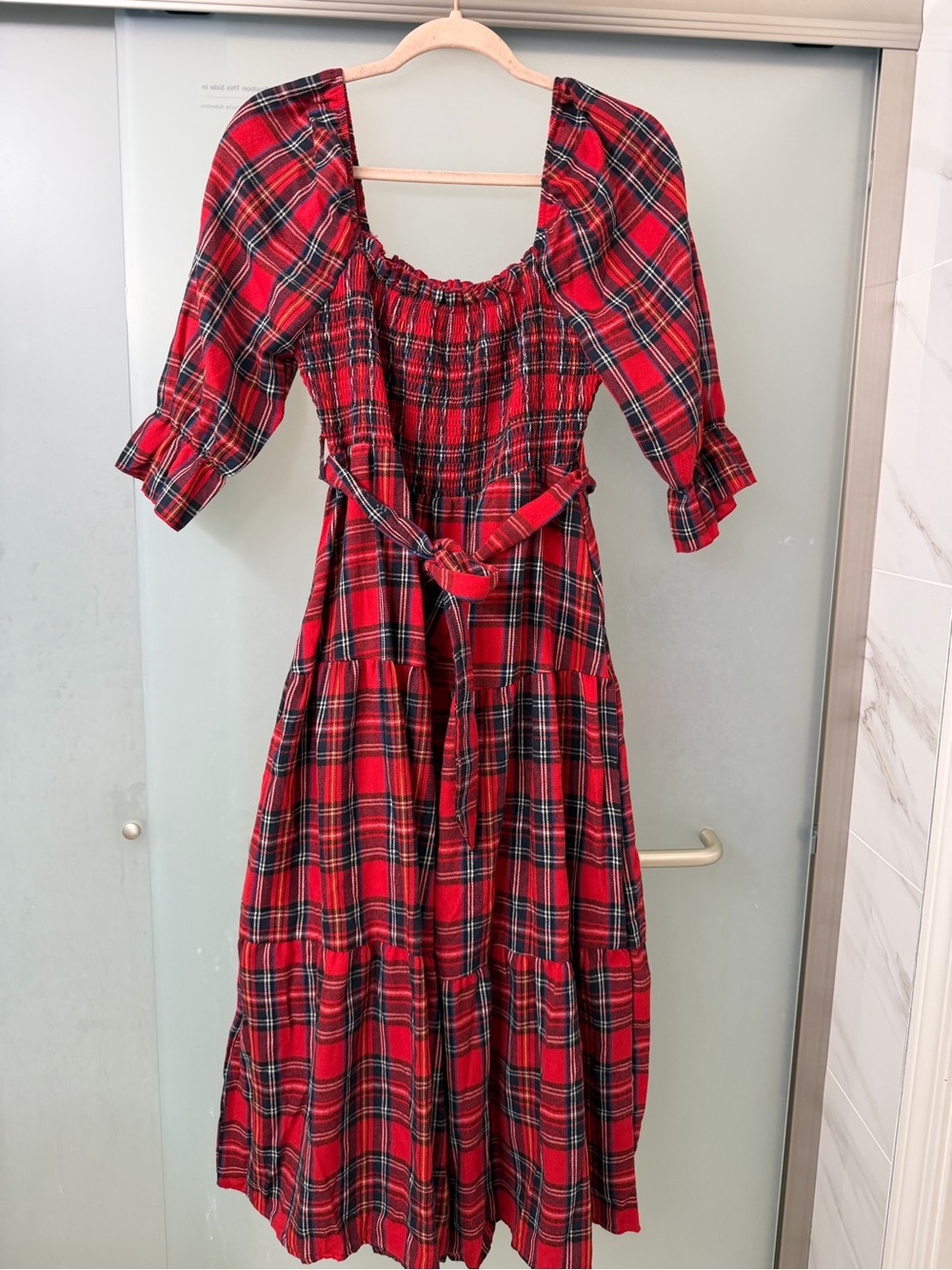 Red Plaid Smocked Maxi Dress with Tie Waist